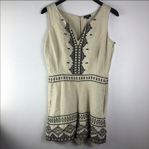AT Loft Linen Embroidered Romper Pockets Boho Geo